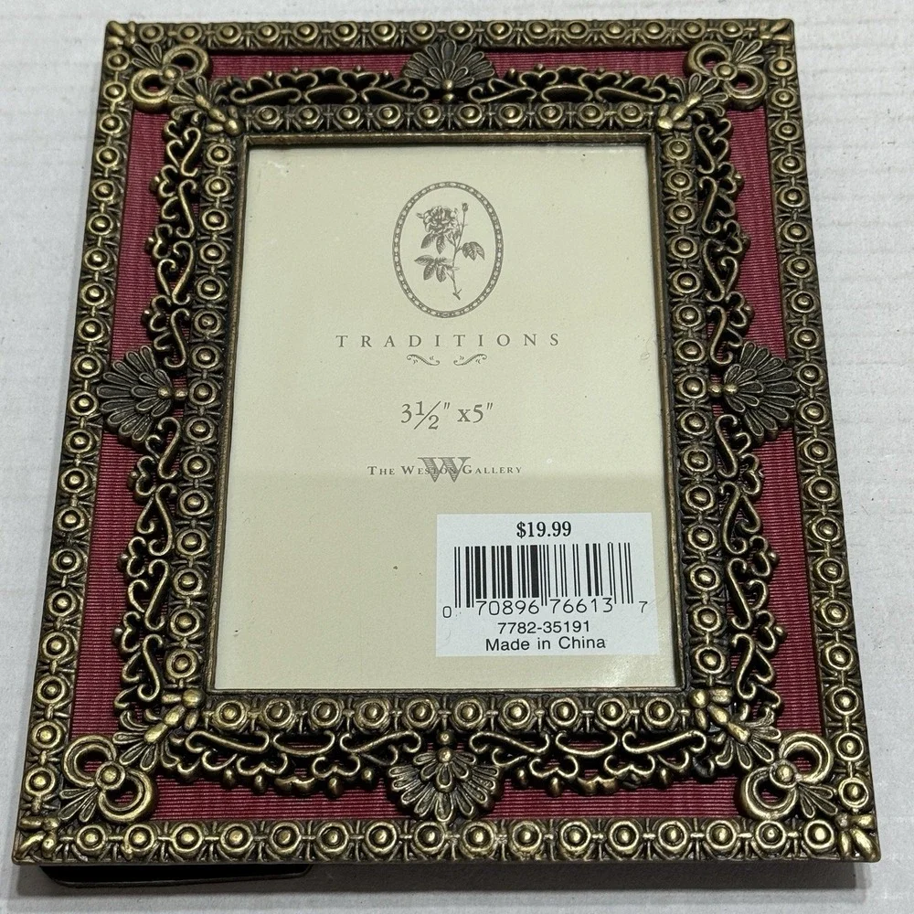 Ornate Antique Brass Color Metal Photo Frame Red Burgundy Trim Weston Gallery